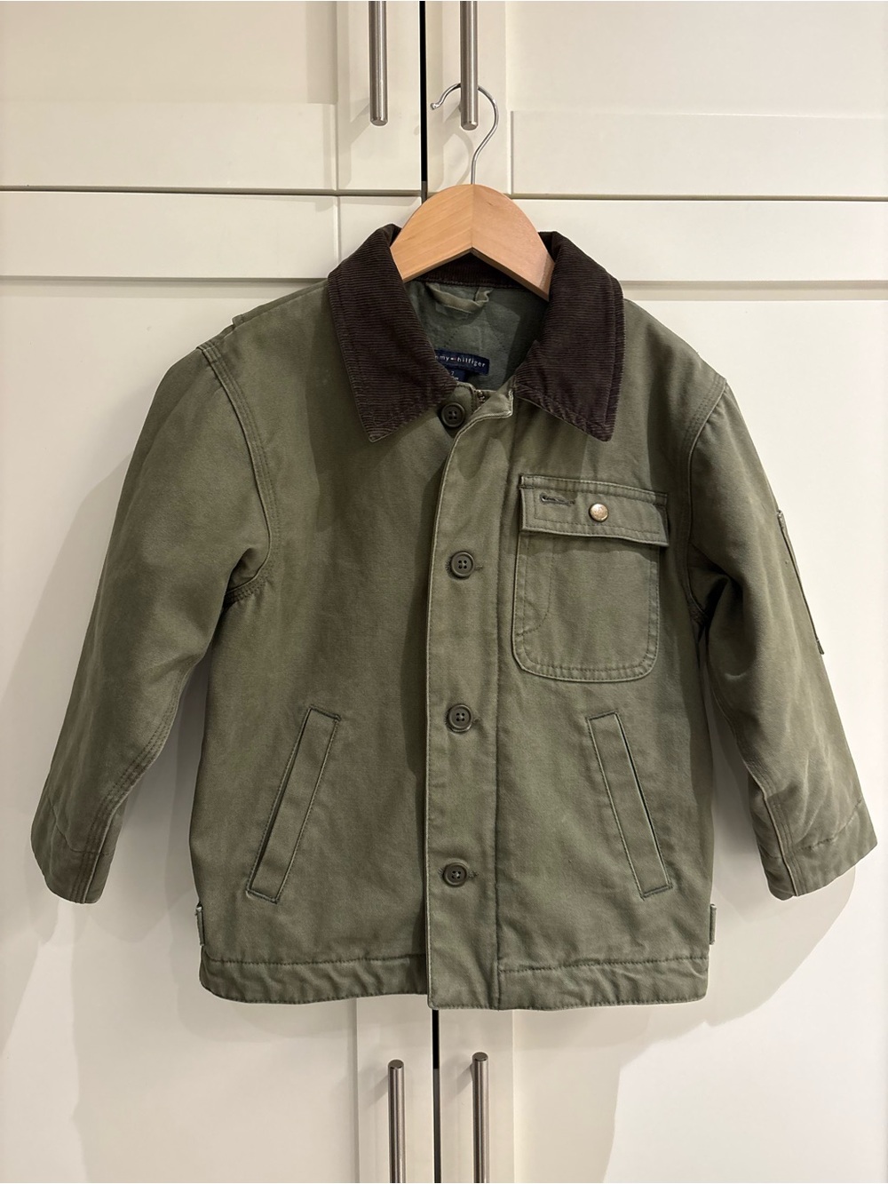 VTG Tommy Hilfiger Kids Olive Green Barn Canvas Jacket Brown Corduroy Collar